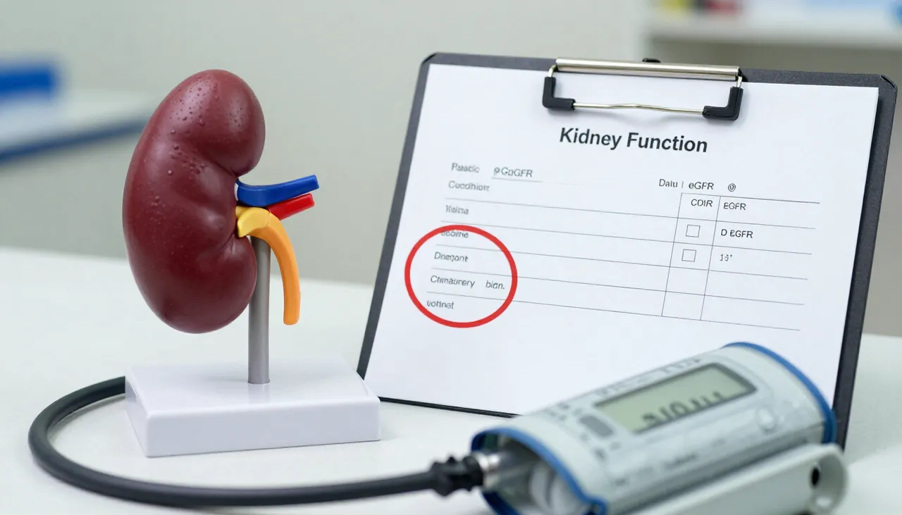 Kidney function lab report with a low eGFR value circled beside a kidney model and a blood pressure cuff at a Bhubaneswar clinic — Low eGFR