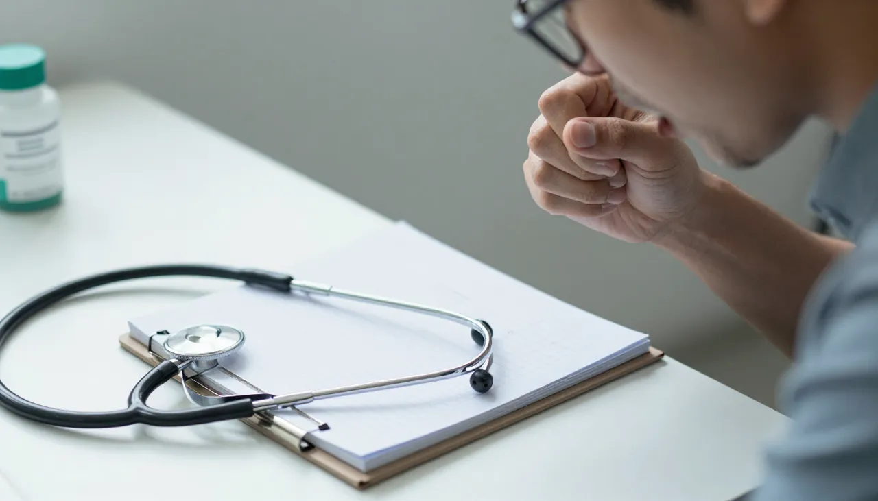 Person coughing with a persistent cough symptom diary and a stethoscope at a Bhubaneswar clinic — Persistent Cough