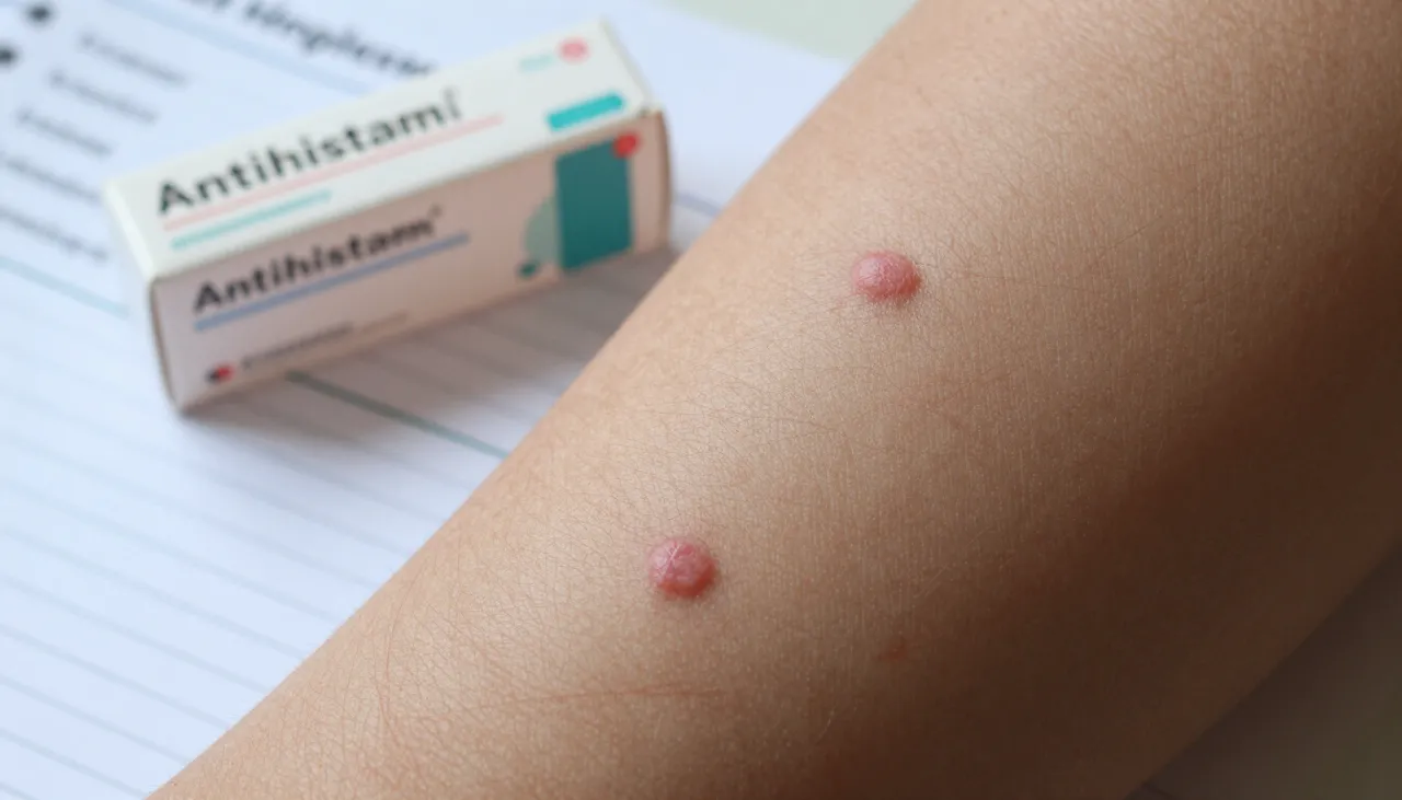 Close-up of raised pink hives (urticaria) welts on the skin beside an antihistamine box and an allergy diary at a Bhubaneswar clinic — Hives / Urticaria