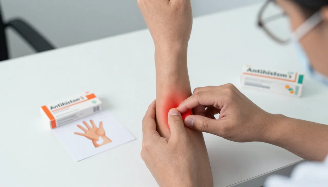 Person scratching an itchy arm with a pruritus illustration card and an antihistamine box at a Bhubaneswar clinic — Itching / Pruritus