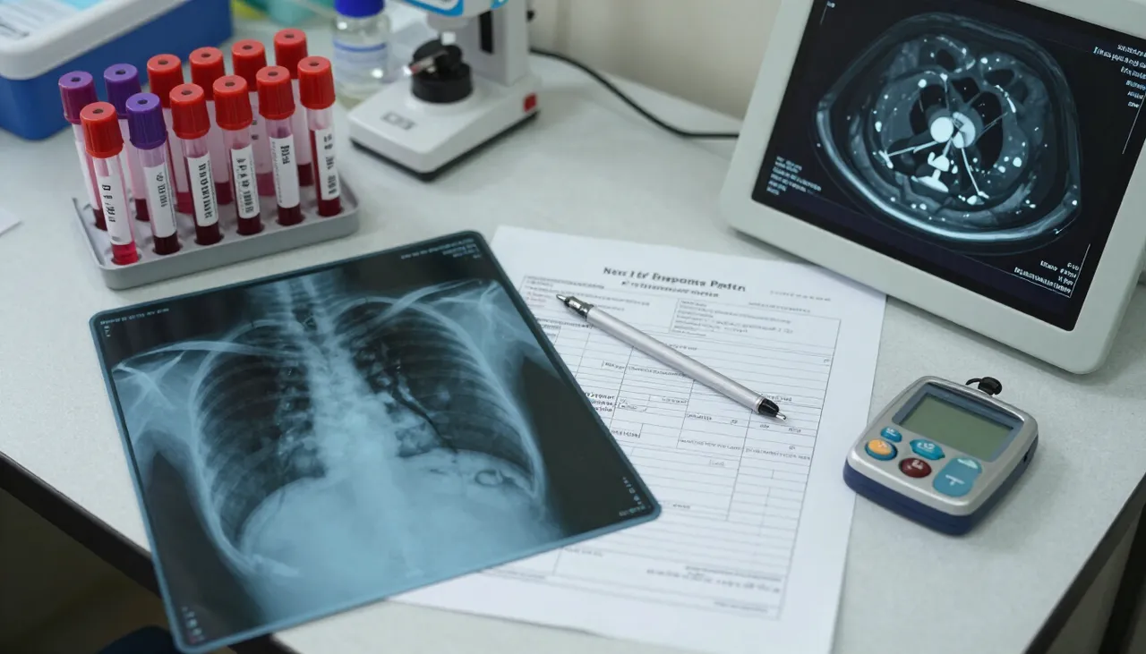 Extensive fever workup lab reports, blood culture tubes, chest X-ray film and CT scan reference at a Bhubaneswar clinic — Fever of Unknown Origin