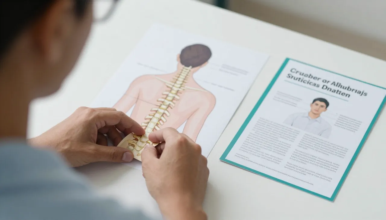 Person holding the back of the neck with a cervical spine illustration and a posture correction leaflet at a Bhubaneswar clinic — Neck Pain