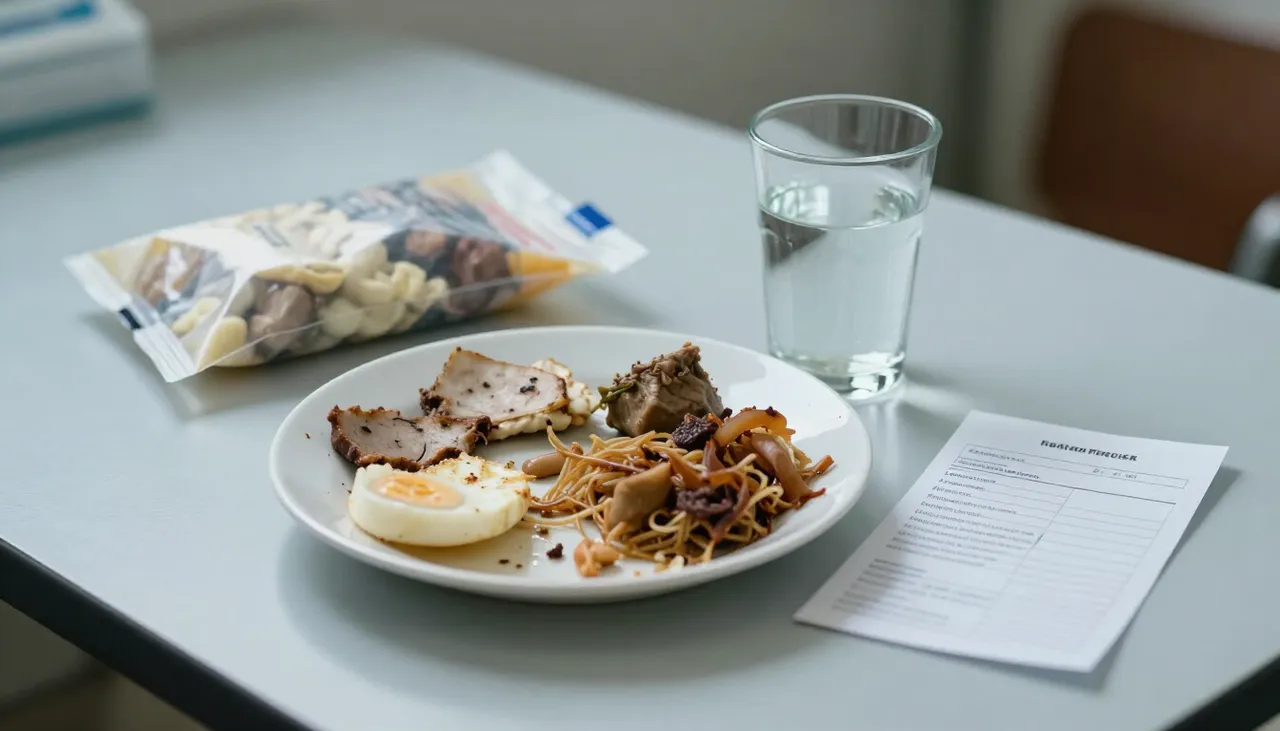 Plate of leftover food beside a glass of water, nausea bag and a stool test requisition at a Bhubaneswar clinic — Food Poisoning