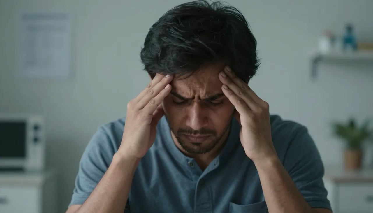 Person clutching the forehead with both hands in distress in a dim clinic room at a Bhubaneswar clinic — Severe Headache