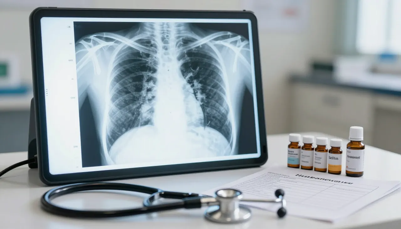 Chest X-ray film showing lung consolidation on a light box beside a stethoscope and an antibiotic chart at a Bhubaneswar clinic — Pneumonia