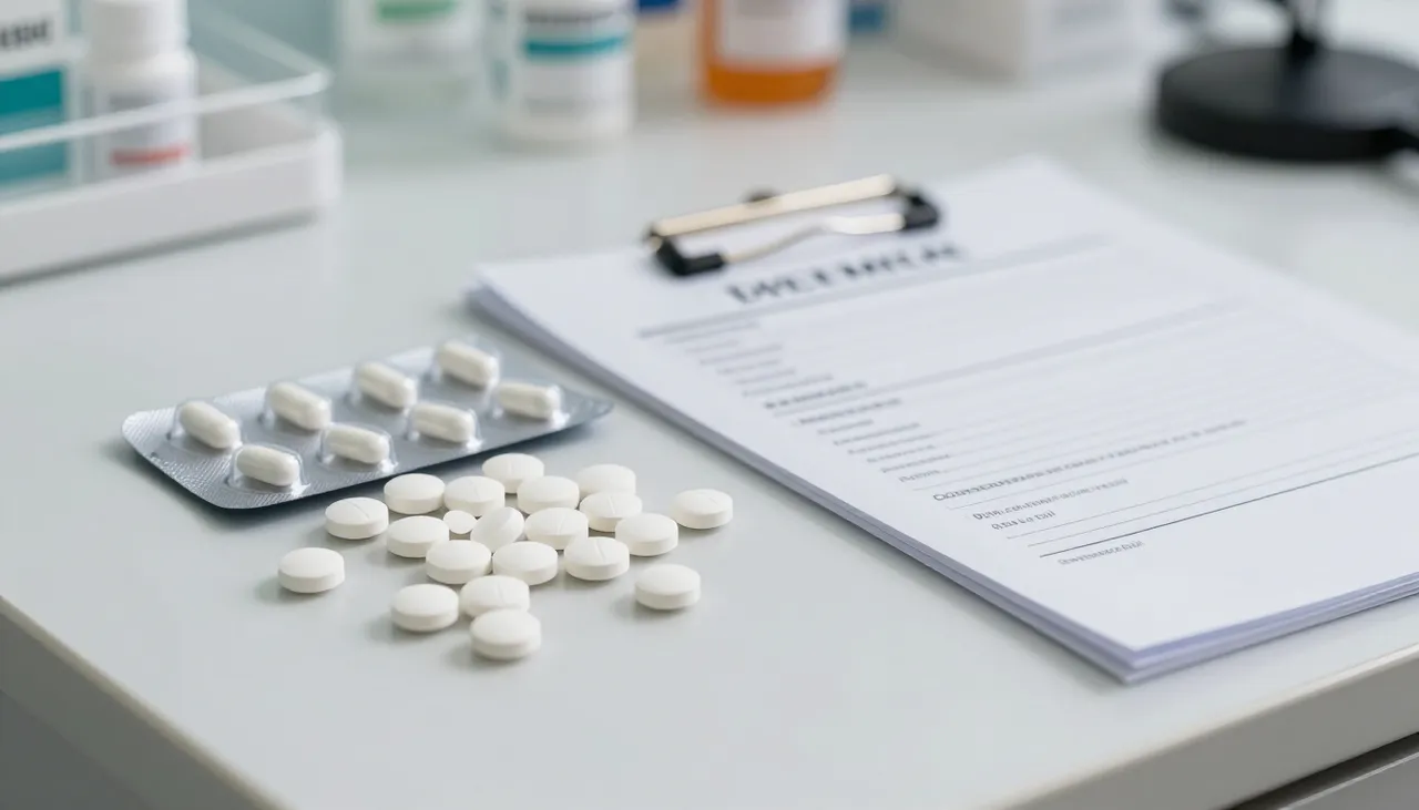 Oral diabetes medications including metformin tablets and a gliptin blister pack beside a medication review checklist at a Bhubaneswar clinic — Diabetes Medication Review