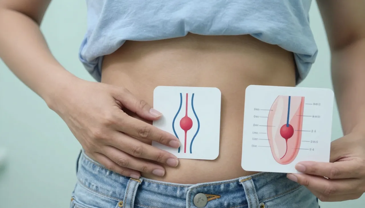 Person pressing the lower abdomen with a urinary-flow illustration card and a prostate reference card at a Bhubaneswar clinic — Difficulty Passing Urine