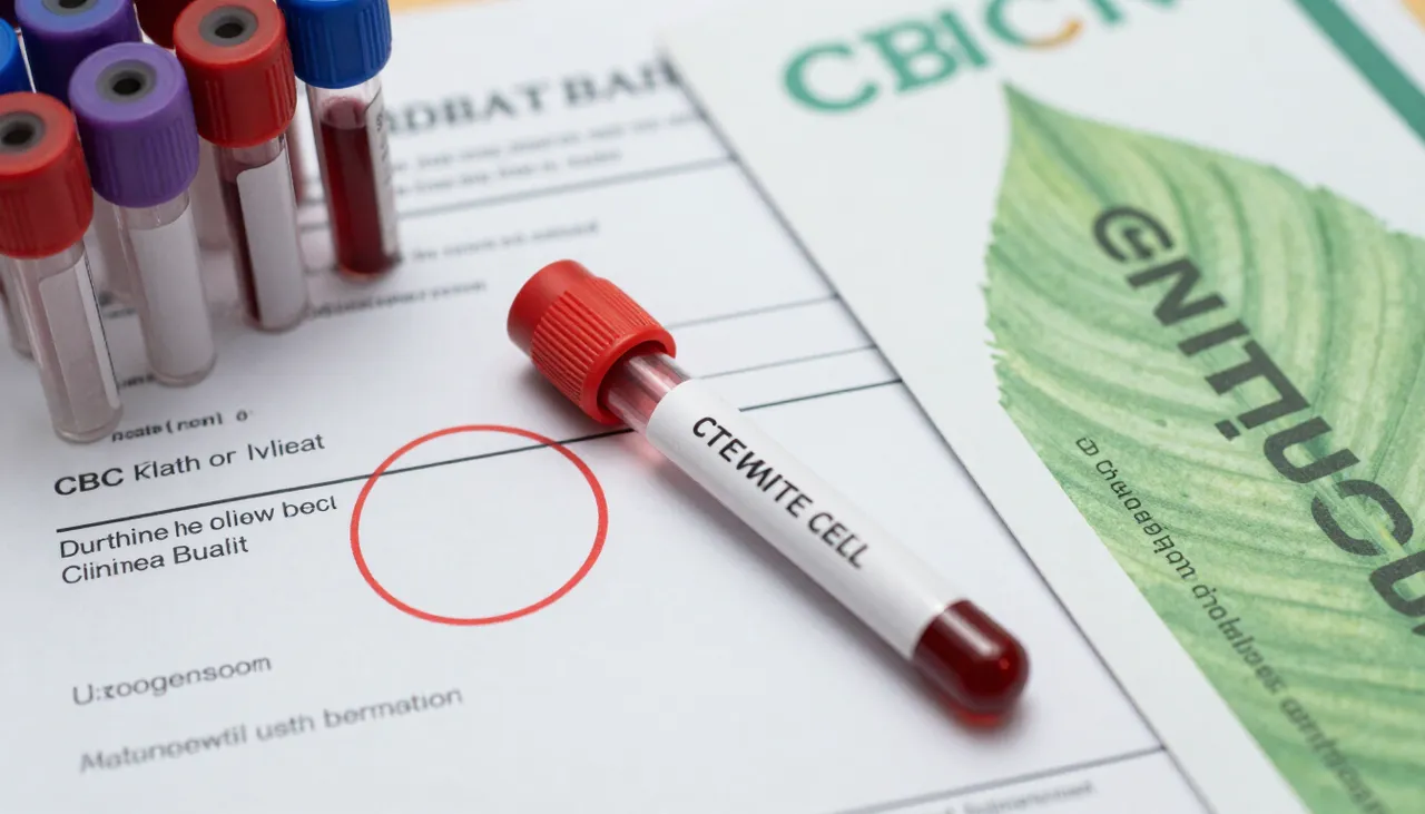 CBC lab report with a low white blood cell count circled beside blood sample tubes and an immune-health leaflet at a Bhubaneswar clinic — Low White Blood Cell Count