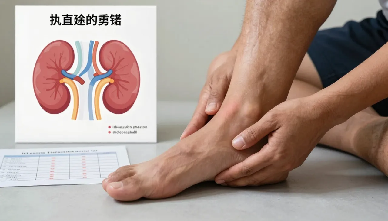 Person pressing a swollen ankle beside a fluid-retention illustration, a fluid-intake chart and a kidney reference card at a Bhubaneswar clinic — Fluid Retention