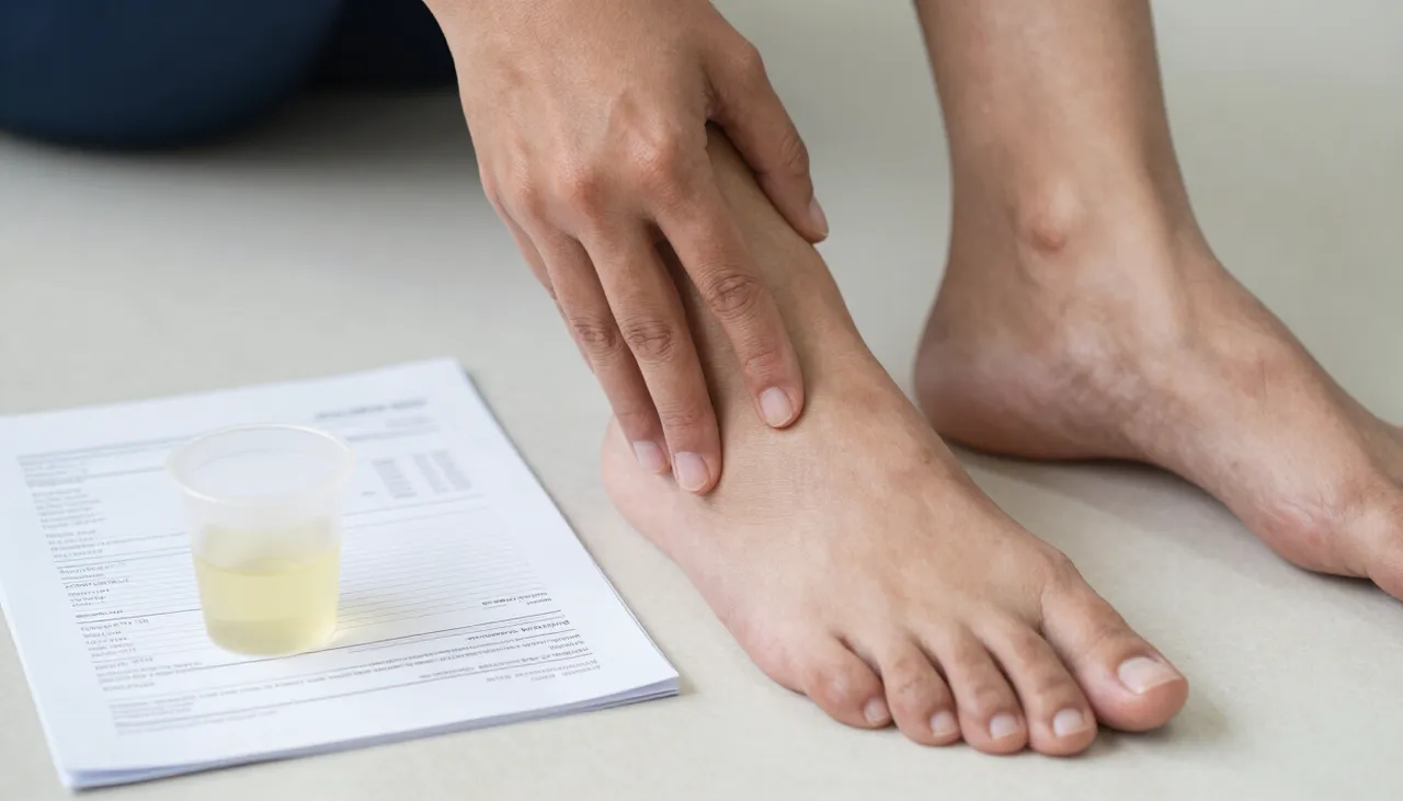 Person with swollen ankles pressing the lower leg beside a kidney function lab report and a urine sample cup at a Bhubaneswar clinic — Swelling Related to Kidney Problems