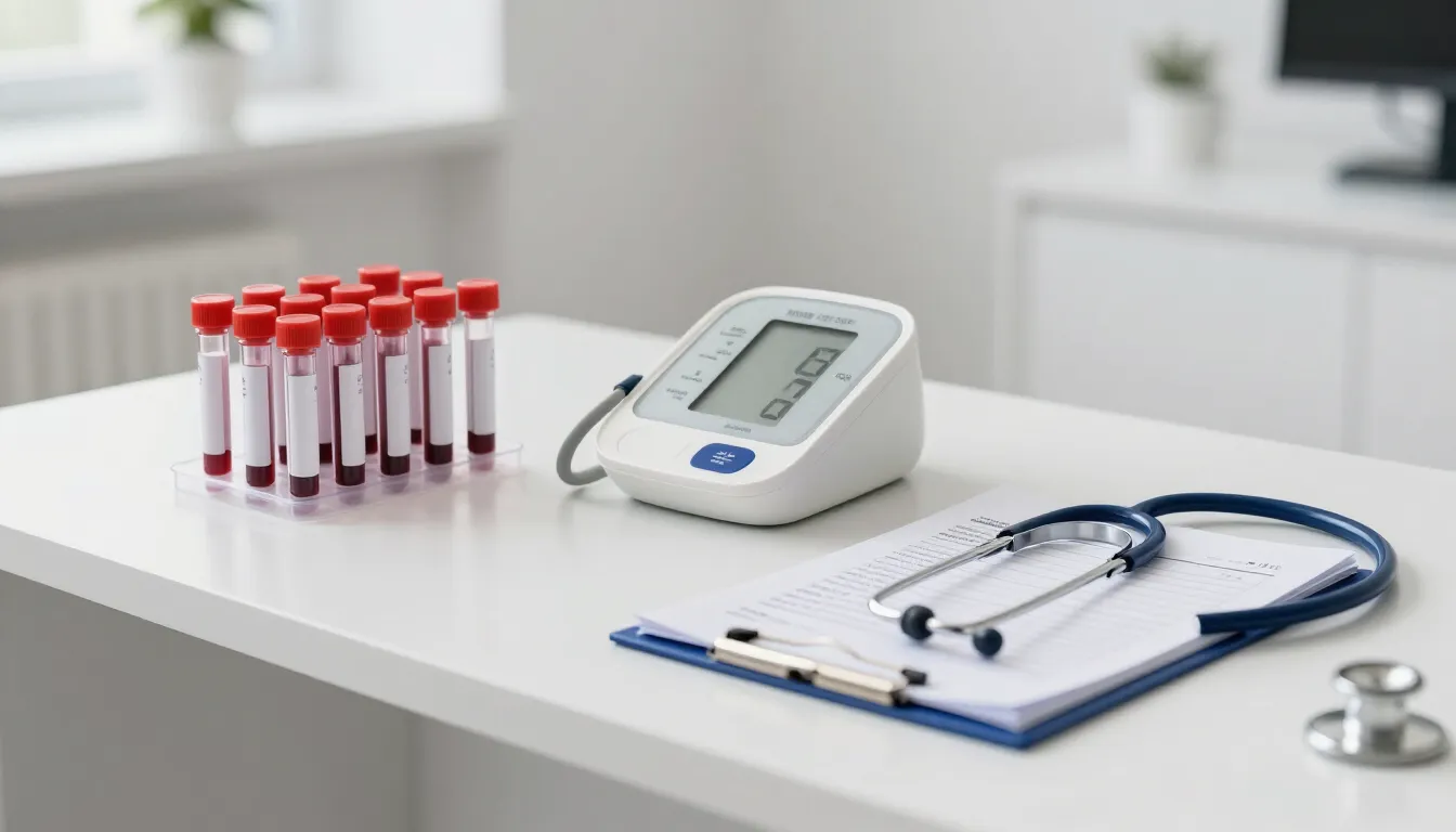 Preventive health check-up station with blood pressure monitor and sample tubes at Glucomind Clinic, Bhubaneswar