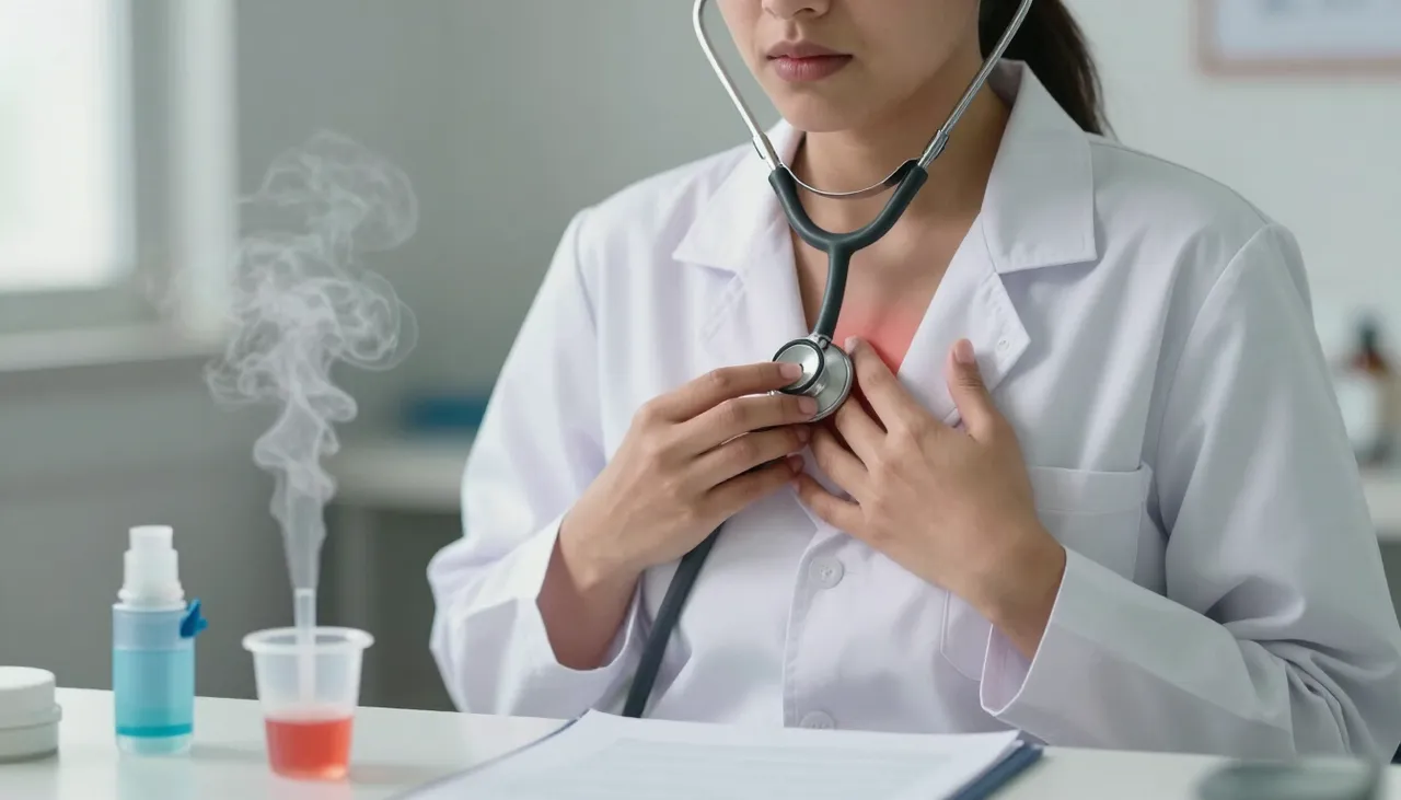 Doctor auscultating a congested chest with a stethoscope while a sputum cup and steam inhaler sit on the desk at a Bhubaneswar clinic — Chest Congestion