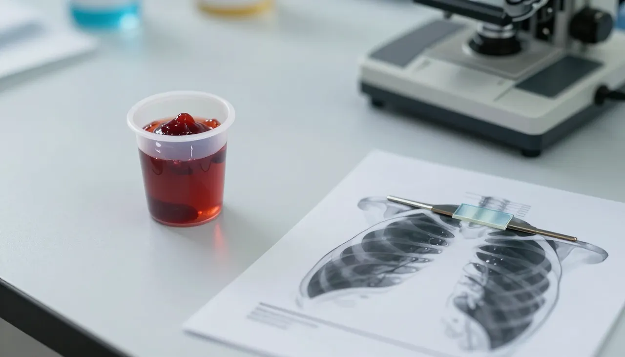 Sputum sample cup beside a microscope slide and a chest exam illustration at a Bhubaneswar clinic — Cough with Phlegm