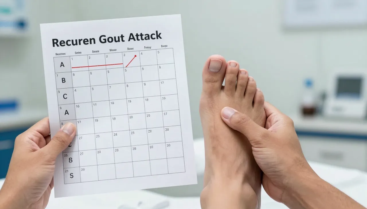 Person holding the big toe with a recurrent gout-attack calendar and a uric-acid trend chart at a Bhubaneswar clinic — Gout Attacks