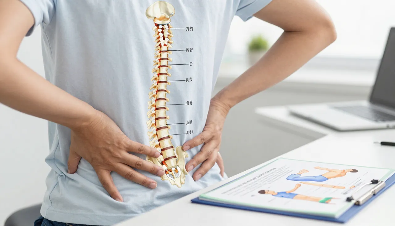 Person holding the lower back with a spine anatomy illustration and a posture advice leaflet at a Bhubaneswar clinic — Back Pain