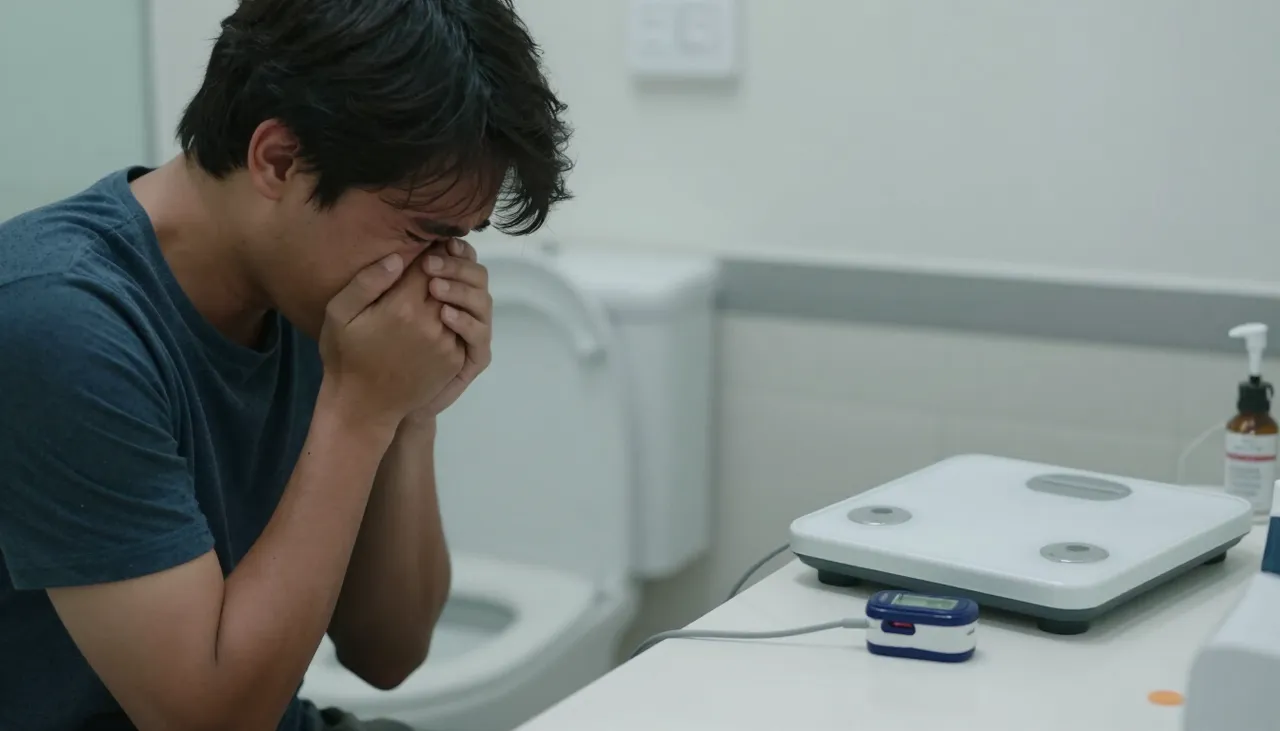 Person breathing with effort beside a bathroom scale and a pulse oximeter at a Bhubaneswar clinic — Weight-related Breathlessness