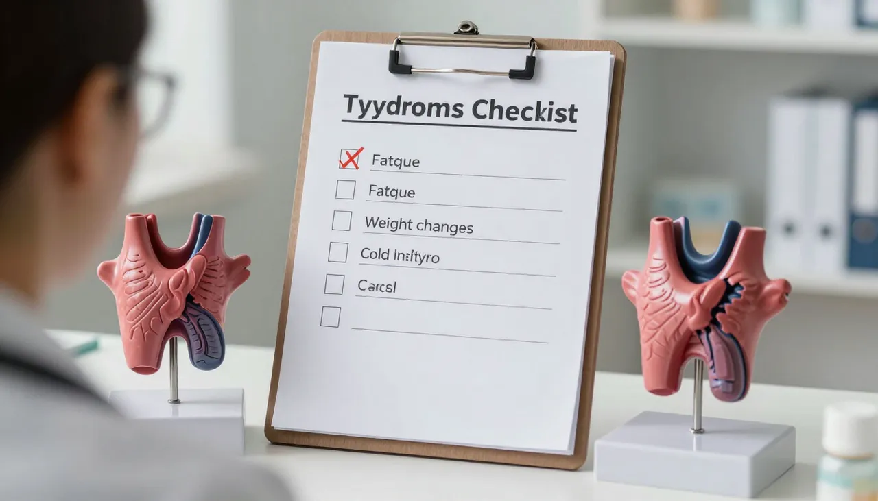 Thyroid symptoms checklist clipboard showing fatigue, weight changes and cold intolerance beside a thyroid neck model at a Bhubaneswar clinic — Thyroid Symptoms