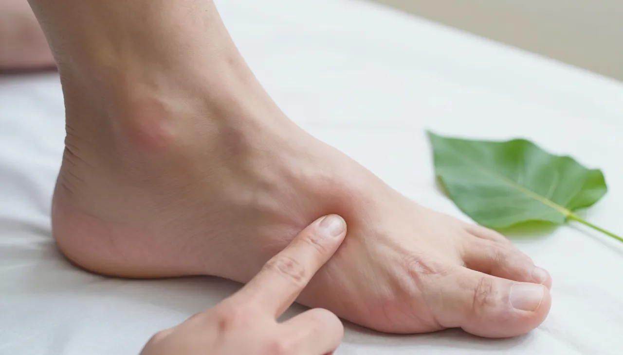 Close-up of swollen puffy feet and ankles with a finger pressing leaving an indent beside a fluid-retention leaflet at a Bhubaneswar clinic — Swollen Feet