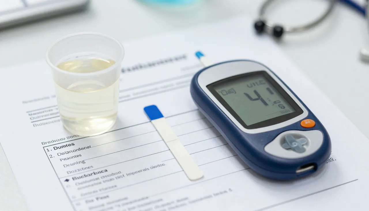 Urine sample cup and dipstick beside a glucometer and a blood sugar lab report at a Bhubaneswar clinic — Urinary Symptoms in Diabetes