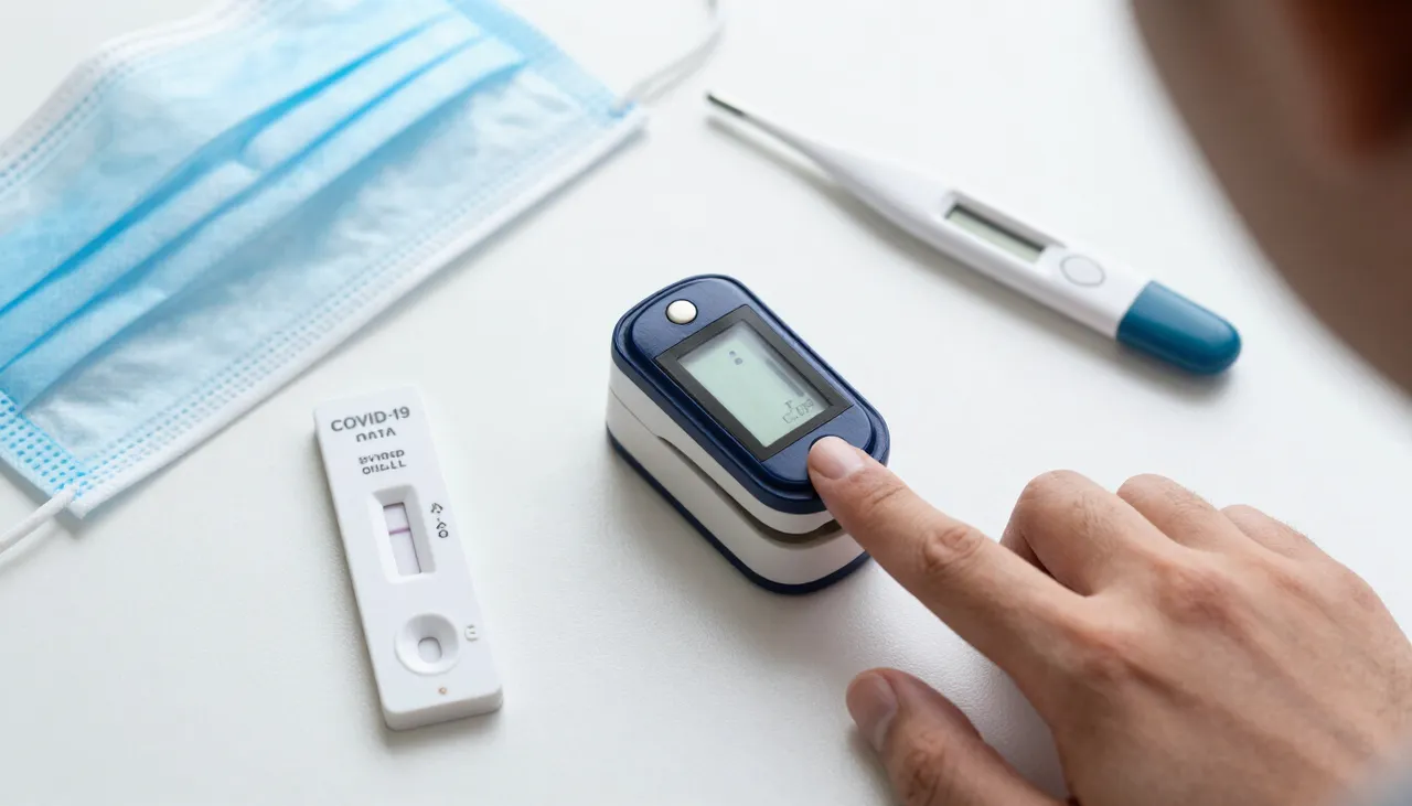 Finger pulse oximeter showing oxygen saturation beside a thermometer, face mask and COVID rapid antigen test kit at a Bhubaneswar clinic — COVID-19 and Respiratory Viral Illness