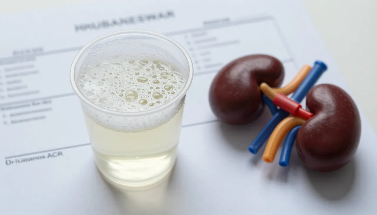 Urine sample cup showing noticeably foamy urine beside a urine ACR lab report and a kidney model at a Bhubaneswar clinic — Foamy Urine