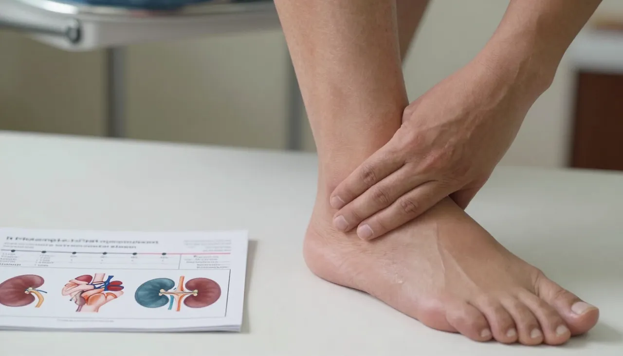 Person pressing a long-standing swollen ankle beside a persistent-swelling timeline and a kidney and heart reference card at a Bhubaneswar clinic — Persistent Swelling