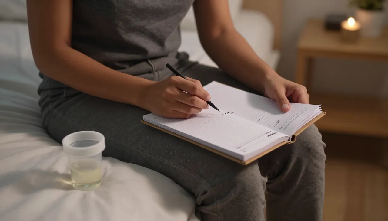 Person sitting on the edge of a bed at night with a frequent-urination diary and a urine sample cup in a Bhubaneswar home — Frequent Urination