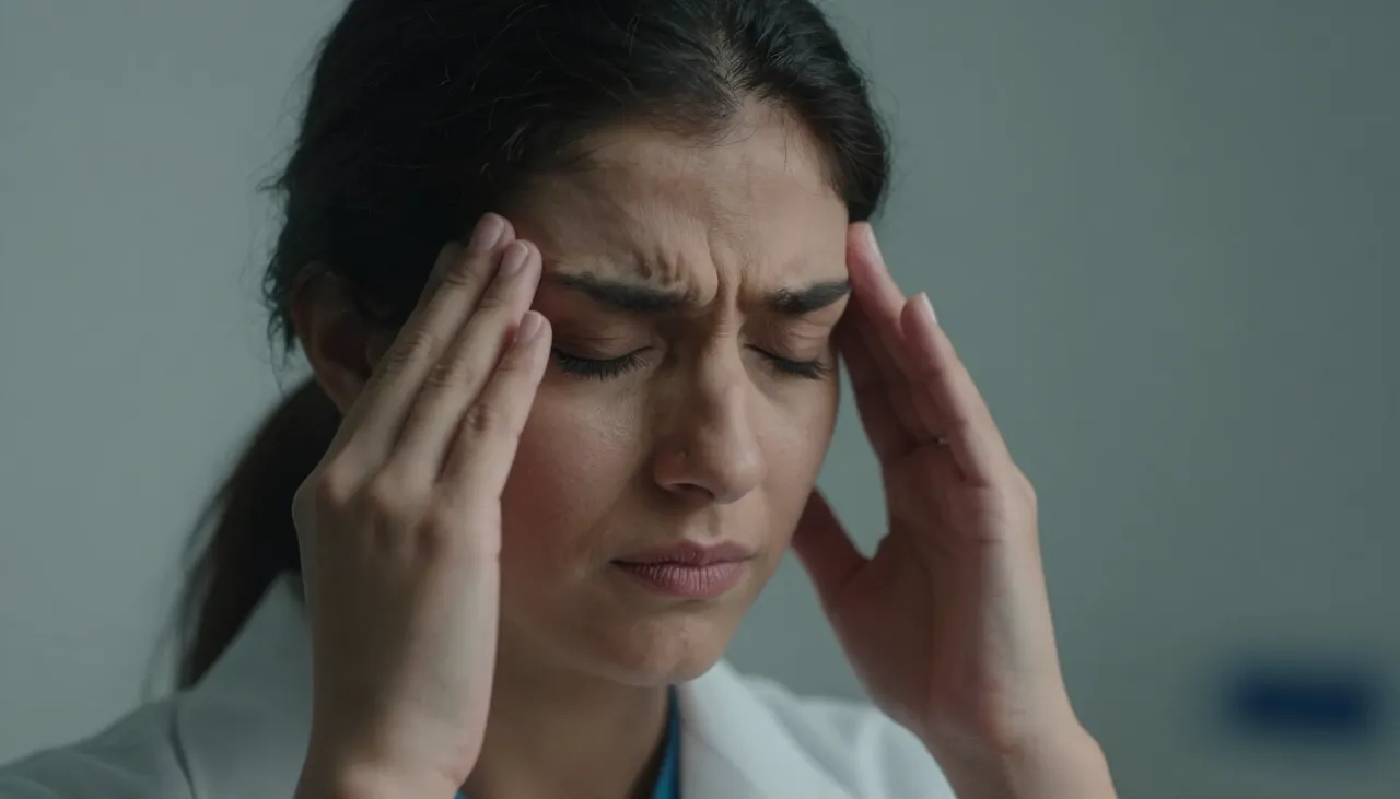 Person pressing one hand against the side of the head in a dim quiet clinic room with eyes closed at a Bhubaneswar clinic — Migraine headache