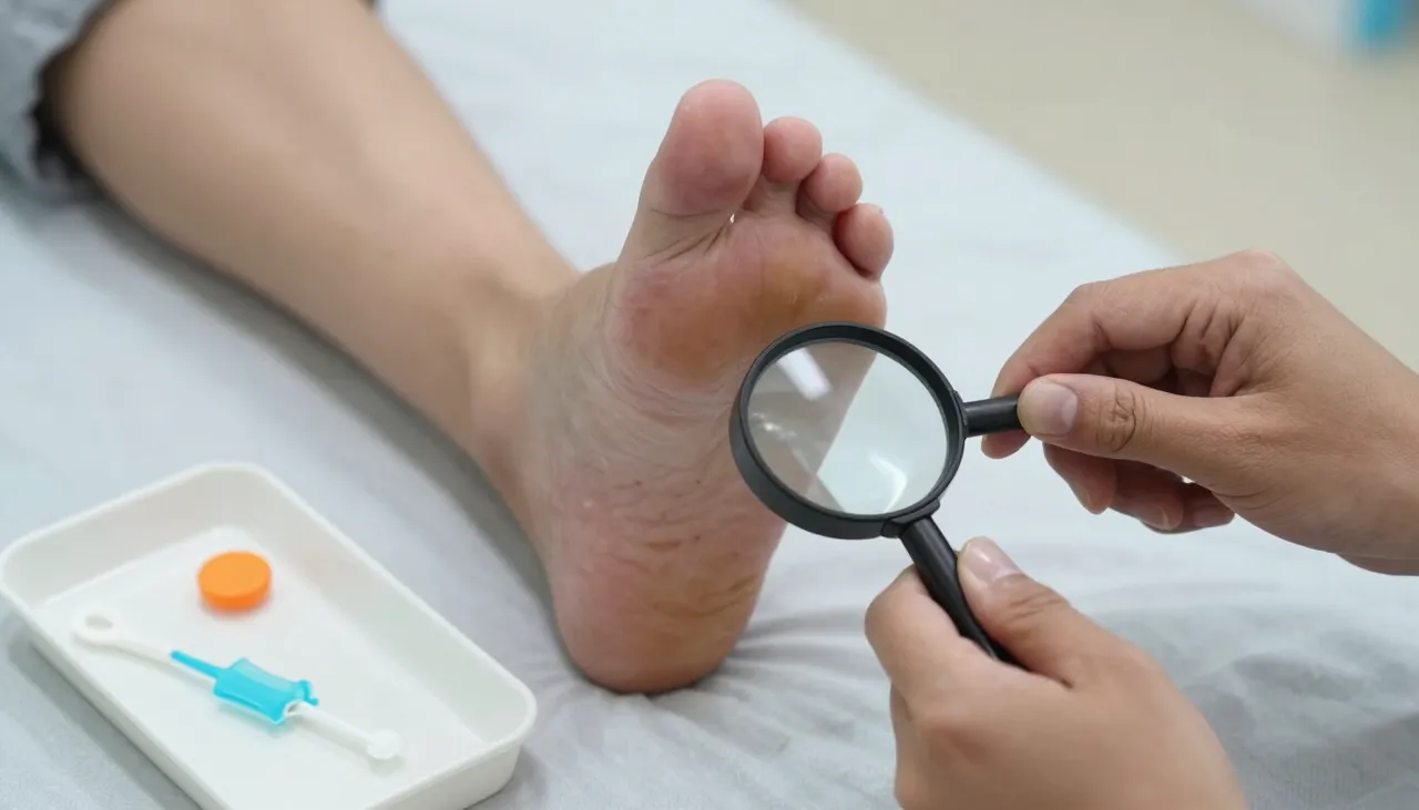 Close-up of a diabetic foot being examined for wounds and calluses with a magnifier and dressing tray at a Bhubaneswar clinic — Diabetic Foot Problems