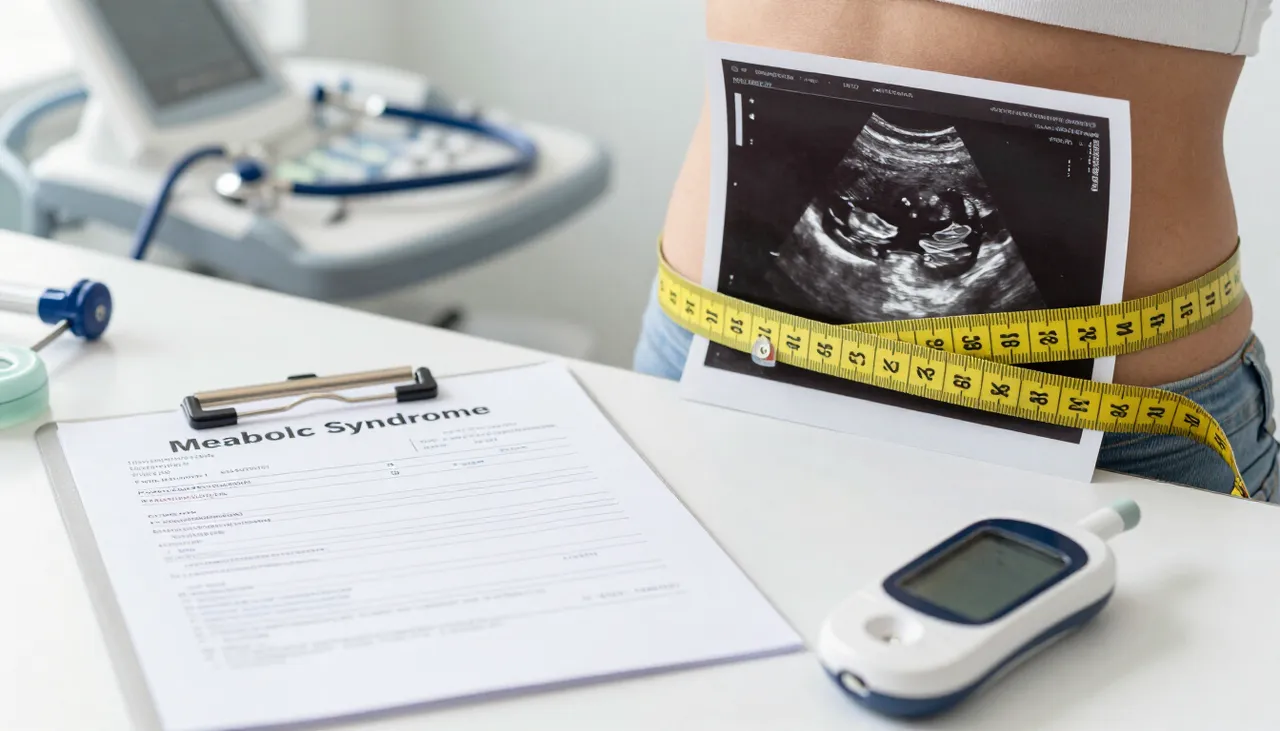 Measuring tape around a large waist beside a liver ultrasound image, a lipid report and a glucometer at a Bhubaneswar clinic — Metabolic Syndrome and Liver Health