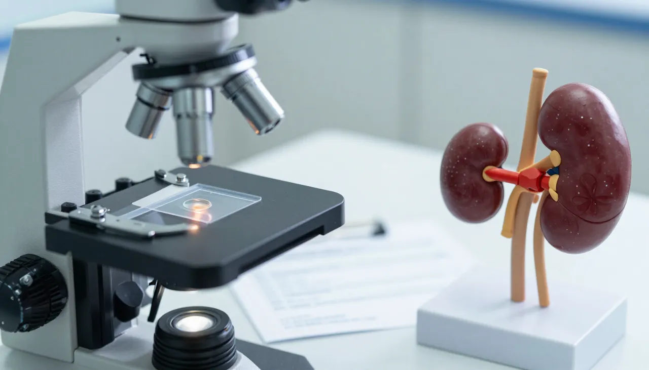 Microscope with a urine sample slide and a low-level albumin lab report beside a kidney model at a Bhubaneswar clinic — Microalbuminuria