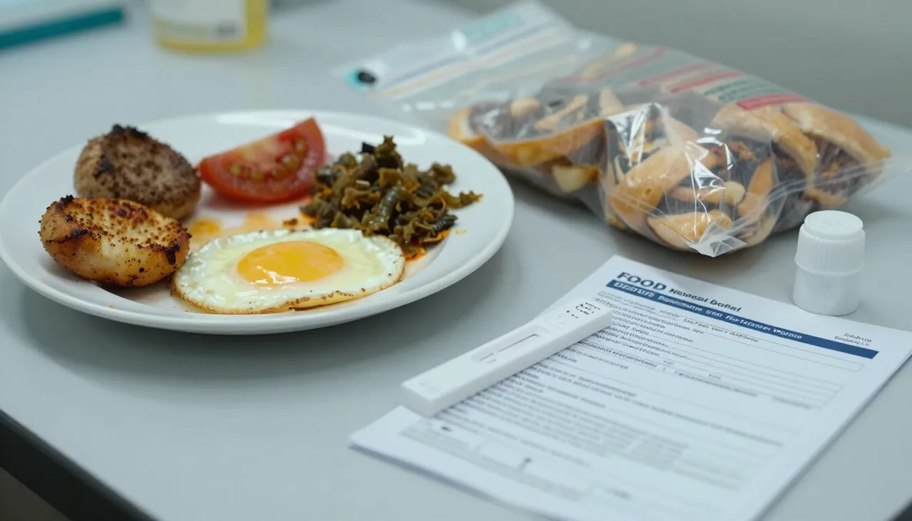 Leftover food plate beside a nausea bag, a stool test requisition and a food-safety leaflet at a Bhubaneswar clinic — Food Poisoning