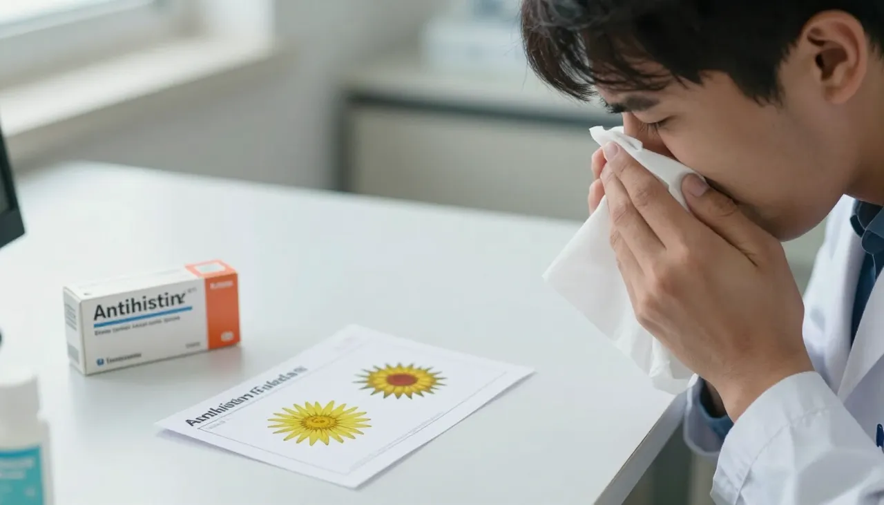 Person sneezing with a tissue beside a pollen allergen reference card and an antihistamine box at a Bhubaneswar clinic — Allergic Respiratory Symptoms
