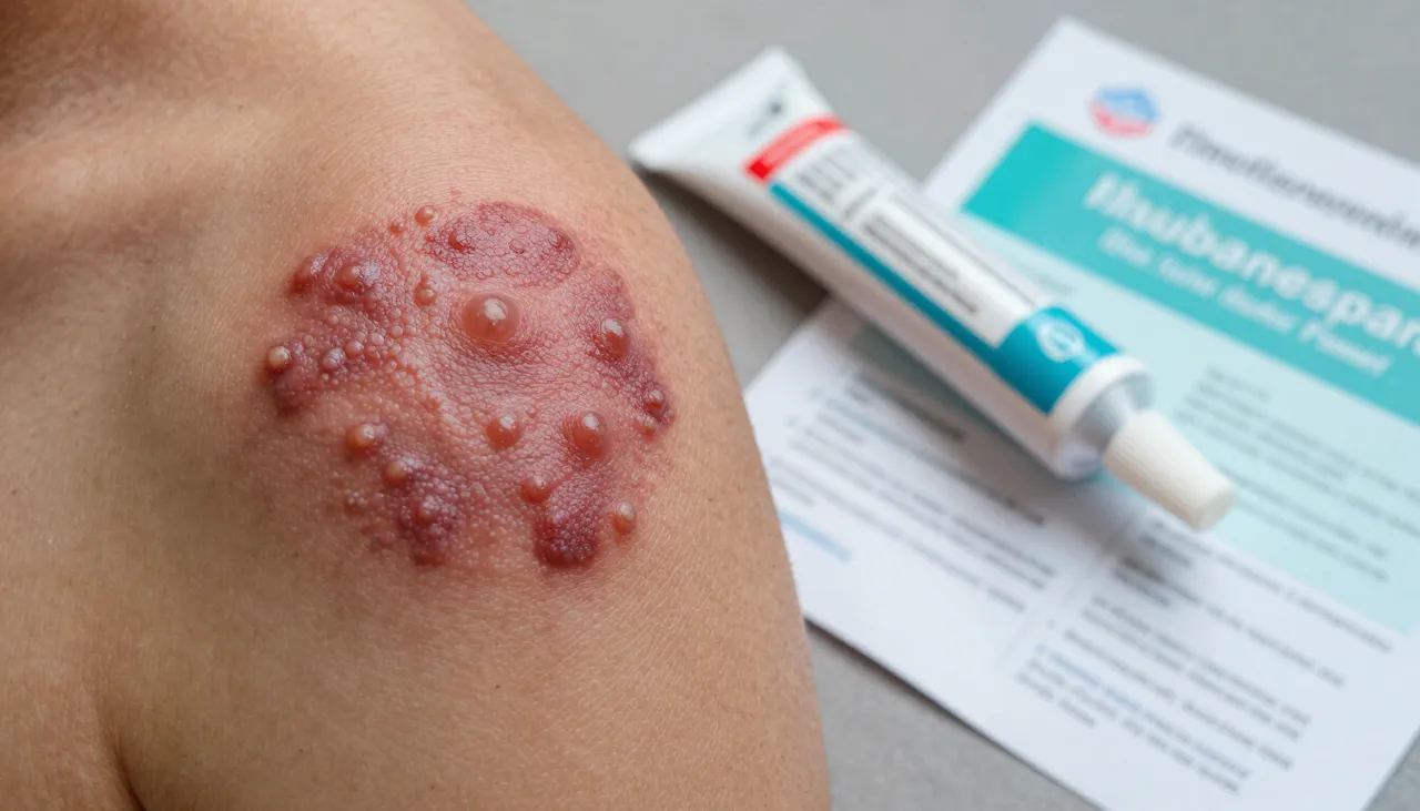Close-up of a red scaly fungal skin infection patch beside an antifungal cream tube and a hygiene leaflet at a Bhubaneswar clinic — Fungal Skin Infection