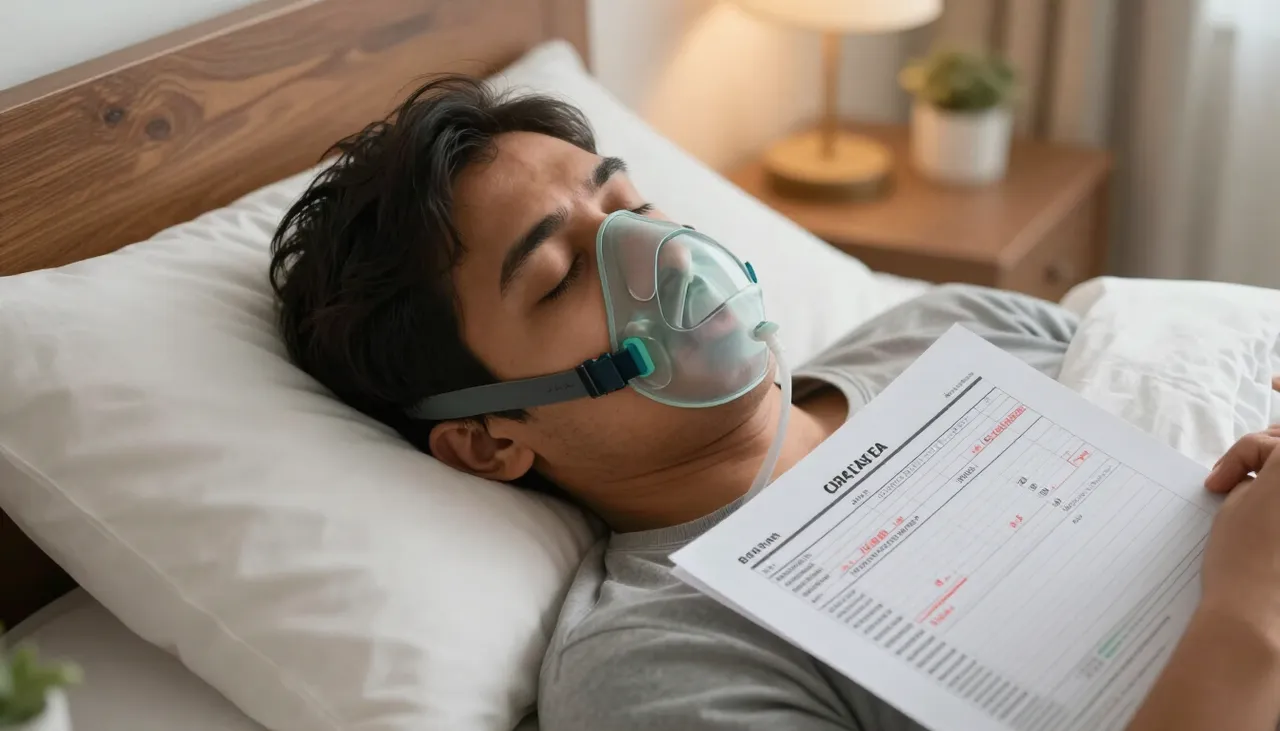 Person sleeping with a CPAP mask and a bedside sleep study report showing apnoea events in a Bhubaneswar bedroom — Snoring and Sleep-related Breathing Concerns