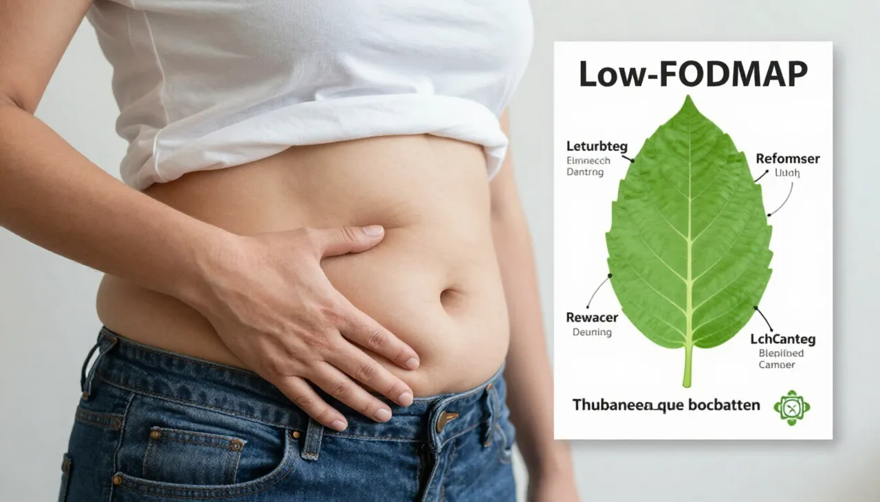 Person with a rounded abdomen pressing the stomach beside a bloating illustration and a low-FODMAP diet leaflet at a Bhubaneswar clinic — Bloating