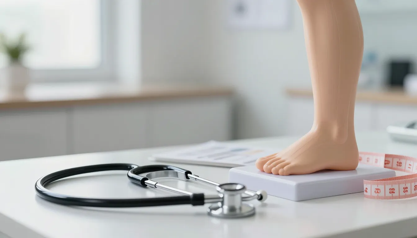 Stethoscope, measuring tape and leg model for swelling and fluid retention assessment at Glucomind Clinic, Bhubaneswar