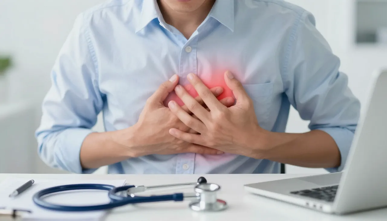 Person pressing the centre of the chest with a chest-discomfort illustration and a stethoscope at a Bhubaneswar clinic — Chest Discomfort