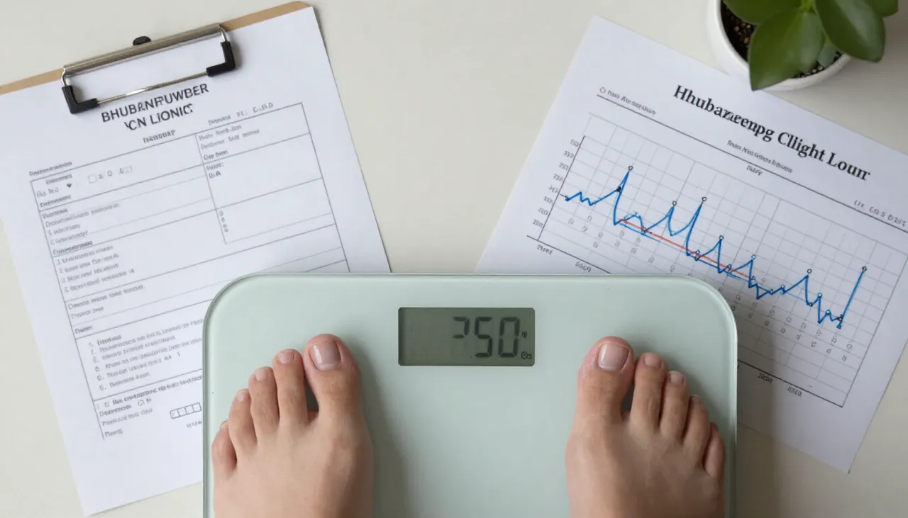 Bathroom scale with a thyroid lab report and a weight-trend chart showing weight change at a Bhubaneswar clinic — Thyroid-related Weight Changes