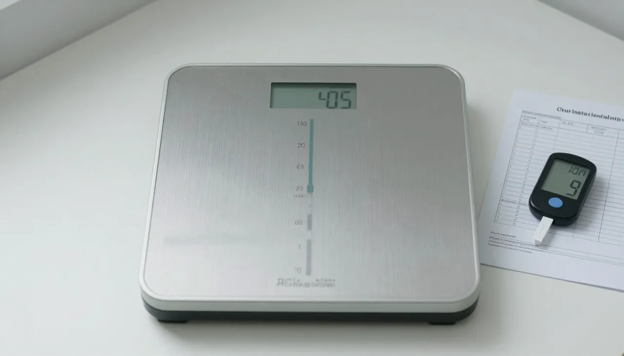 Bathroom scale with a weight-gain chart and a thyroid and blood sugar lab report at a Bhubaneswar clinic — Unexplained Weight Gain