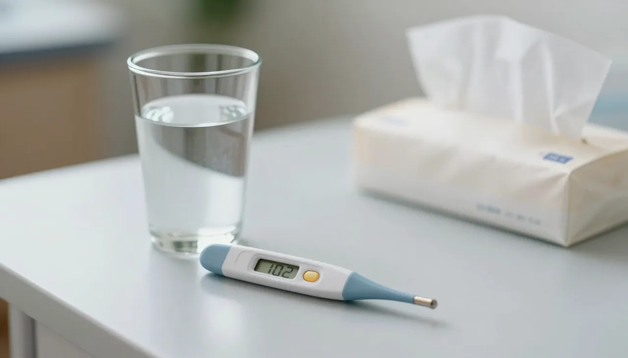 Digital thermometer showing an elevated reading of 102°F beside a glass of water and tissue box at a Bhubaneswar clinic — Fever