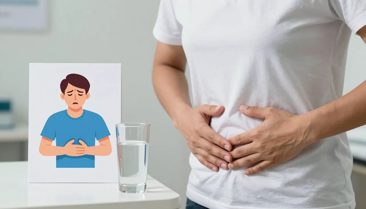 Person pressing the upper abdomen with a queasy expression beside a nausea illustration card and water at a Bhubaneswar clinic — Nausea