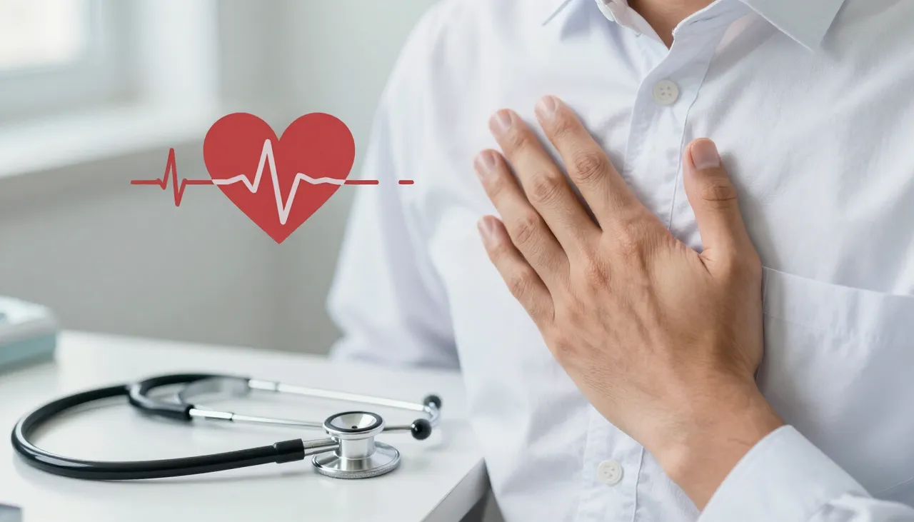 Person pressing a hand to the chest with a heart-rate illustration and a stethoscope at a Bhubaneswar clinic — Palpitations