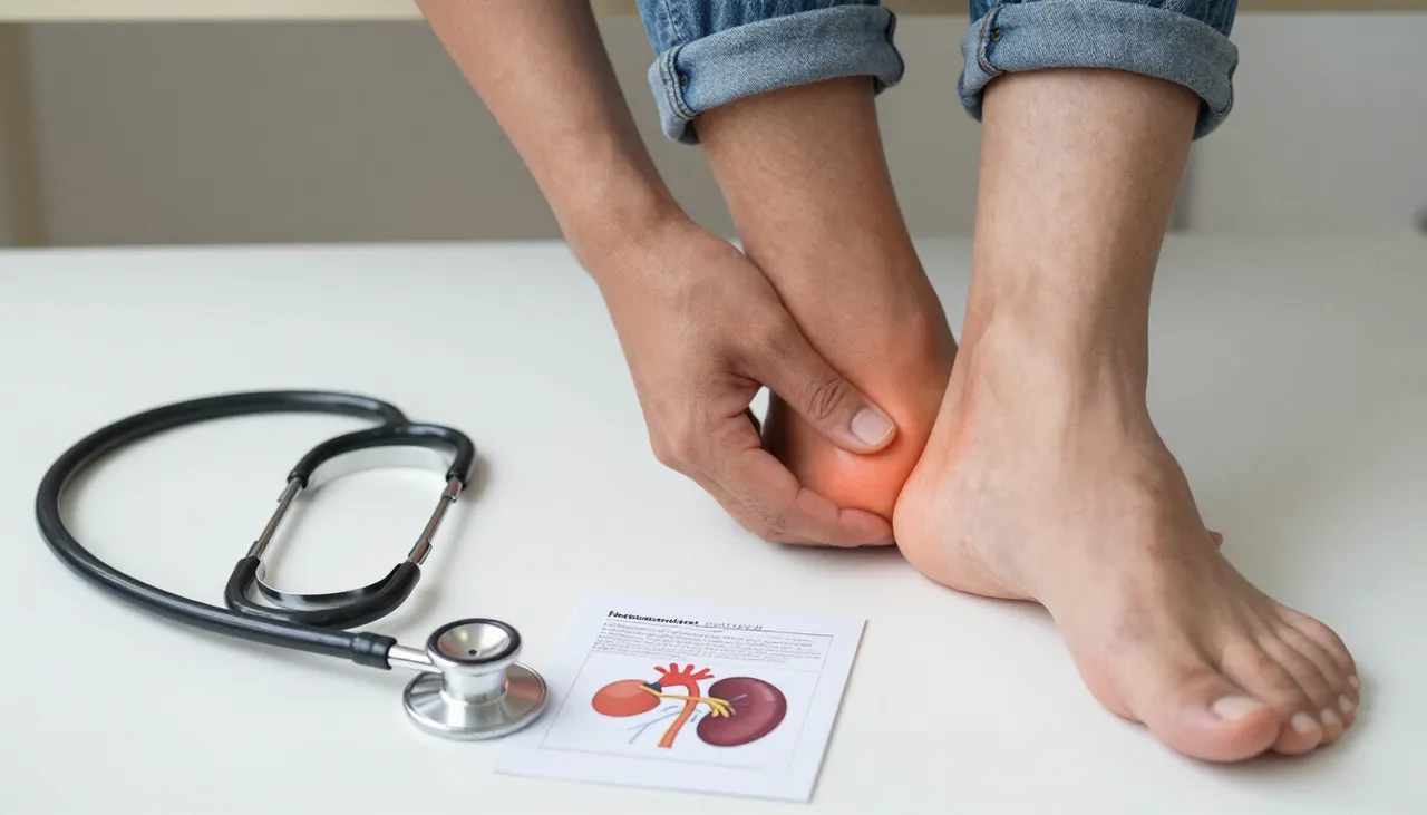 Person with swollen ankles breathing with effort beside a stethoscope and a heart and kidney reference card at a Bhubaneswar clinic — Swelling with Breathlessness