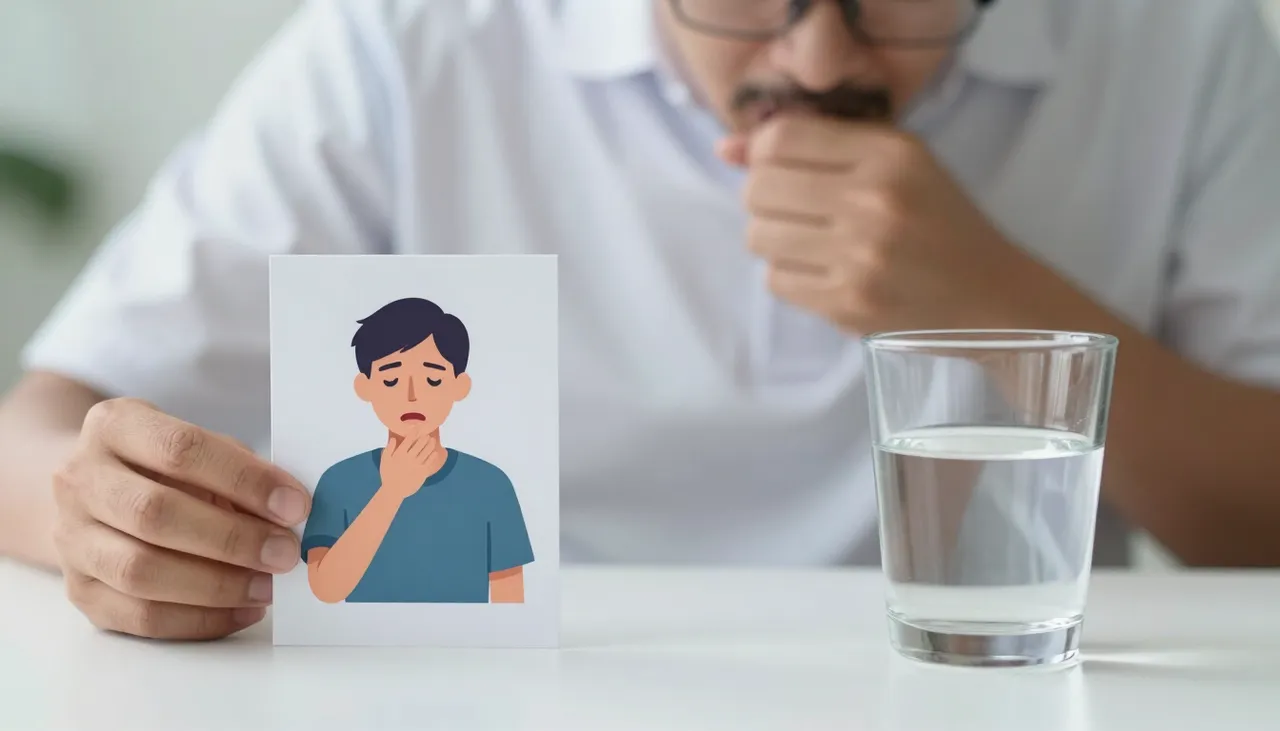 Person coughing with a dry tickly-throat illustration card and a glass of warm water at a Bhubaneswar clinic — Dry Cough