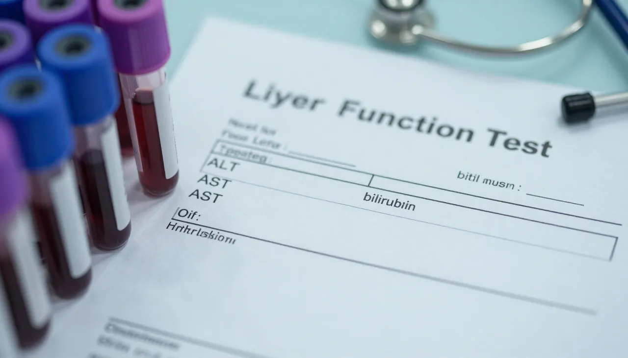 Liver function test panel lab report showing abnormal ALT, AST and bilirubin values beside blood sample tubes at a Bhubaneswar clinic — Abnormal Liver Function Tests