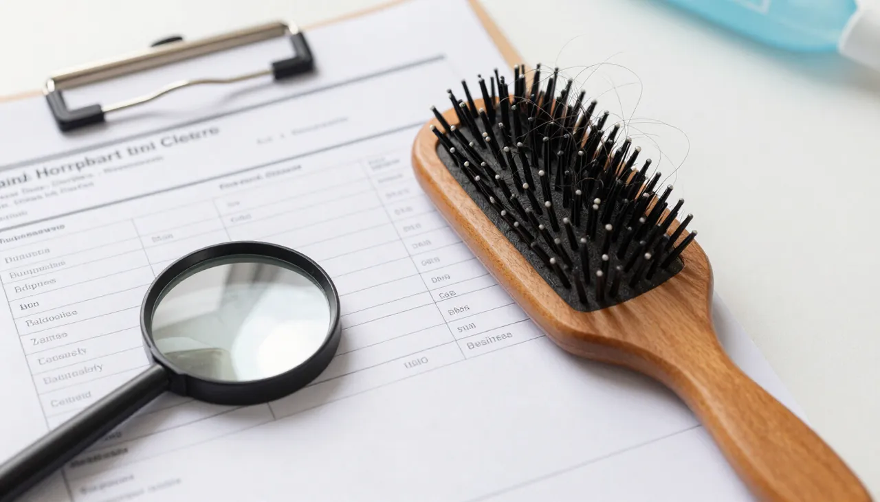 Hairbrush with thinning hair strands beside a thyroid lab report and a magnifying mirror at a Bhubaneswar clinic — Thyroid-related Hair Loss