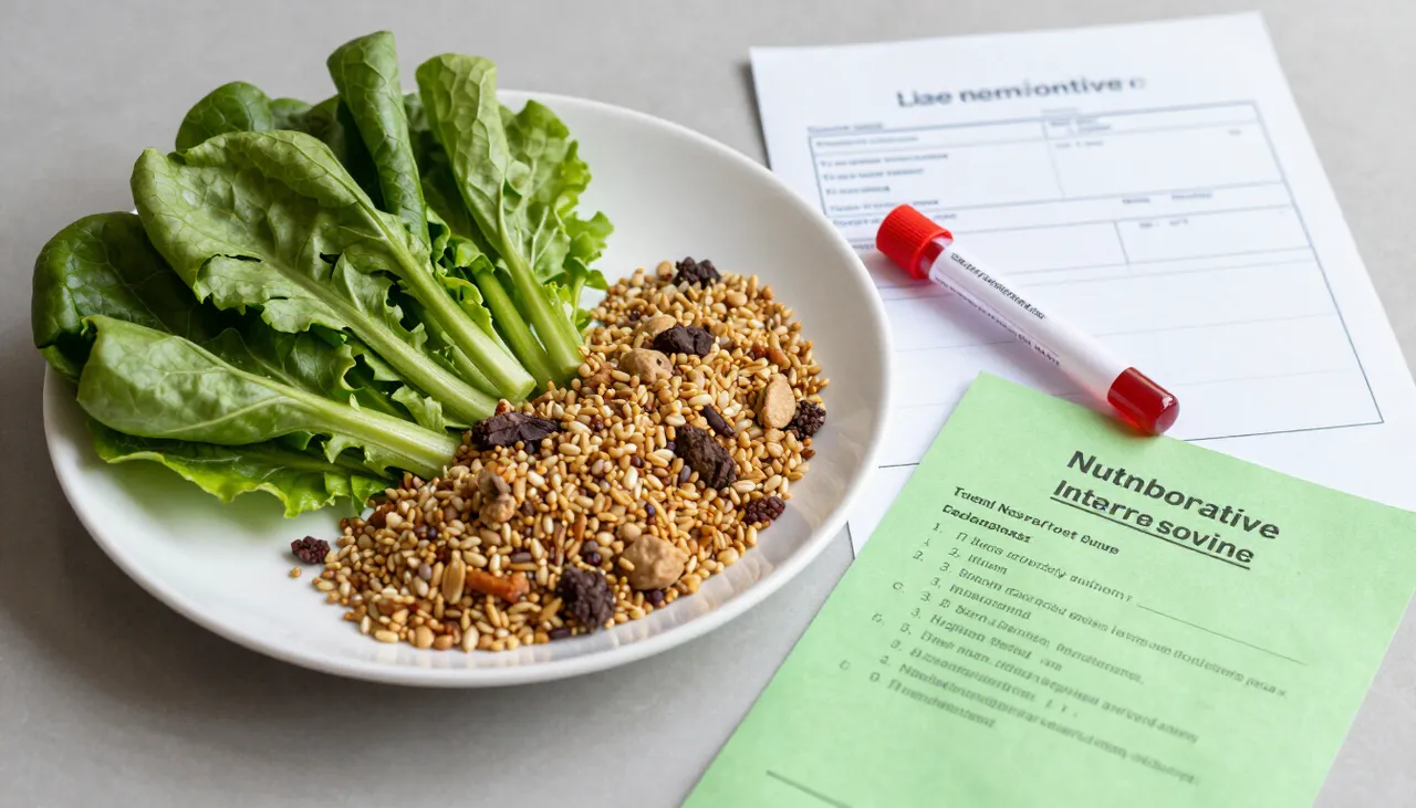 Nutrition plate with leafy greens, grains and protein beside a low-haemoglobin lab report and a nutrition advice leaflet at a Bhubaneswar clinic — Nutritional Anaemia