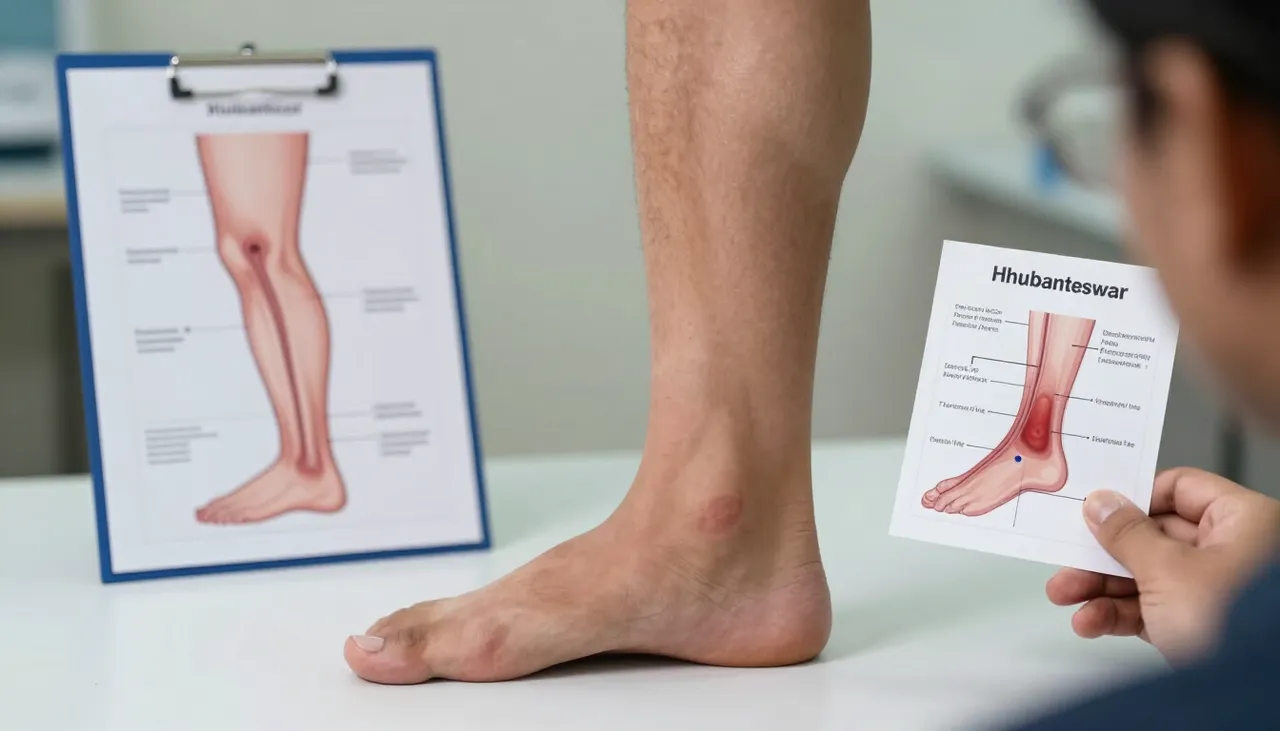 Person holding one swollen calf with a one-sided-leg-swelling diagram and a clot reference card at a Bhubaneswar clinic — One-sided Leg Swelling
