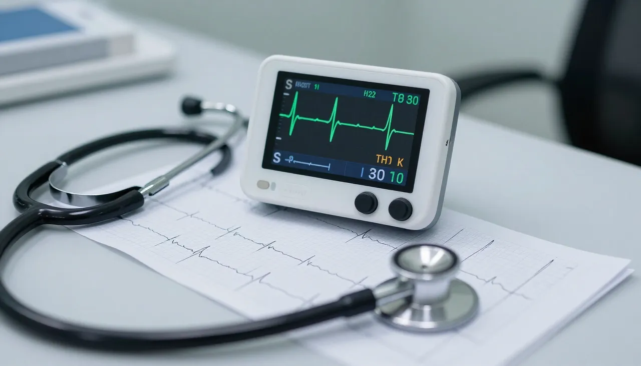 Heart-rate monitor showing a low resting reading beside a stethoscope and an ECG strip at a Bhubaneswar clinic — Low Heart Rate